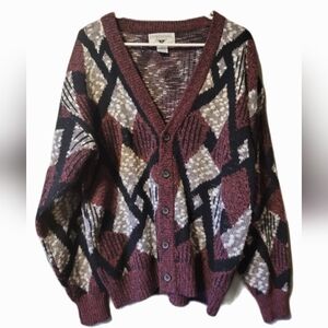 Expressions Vintage 80s Men's Burgundy Black Geometric Cardigan Grandpa Grunge